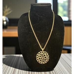 Vintage Monet Gold Tone Filigree Pendant Necklace Large Round Medallion Statemnt